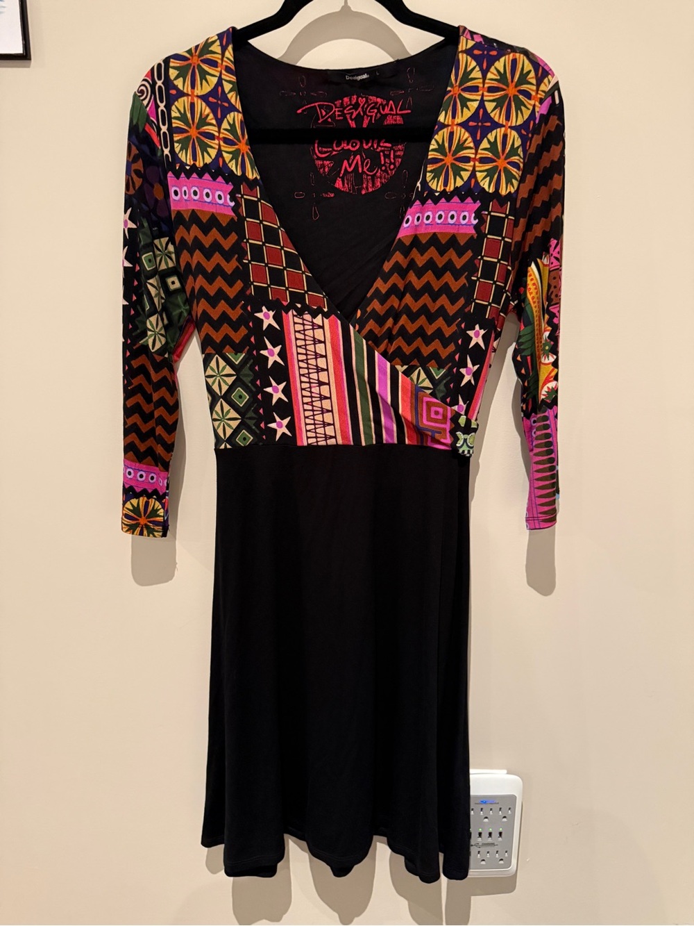 Desigual Patchwork Print Faux Wrap Dress Large Colorful Boho Midi
